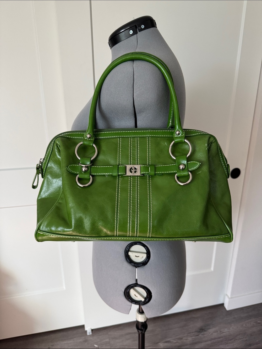 Green Leather Bowler Bag with Silver Hardware and Removable Crossbody Strap